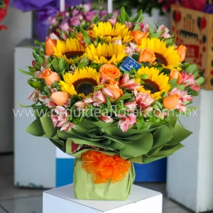 9 Rosas Naranja & 6 Girasoles Envueltos